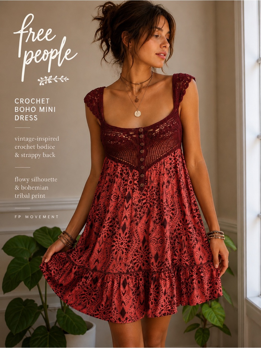 Vintage Free People Crochet Babydoll Mini Dress Coral Brown Boho Y2K Festival A5